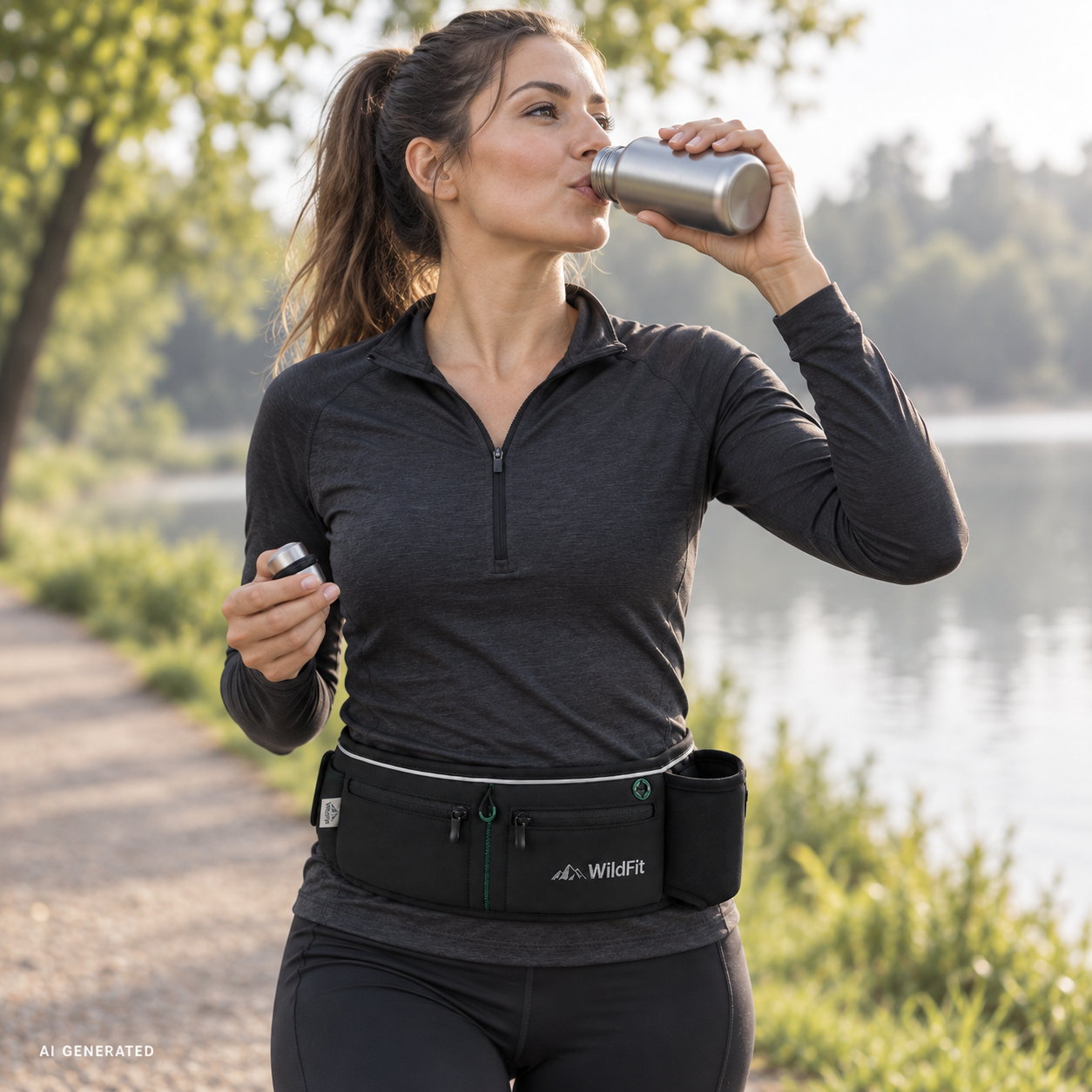 Läuferin mit Trinkflasche und WildFit Runner's Belt